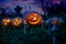 Halloween pumpkins lie on a pumpkin field at night with the eyes of the gears hours.