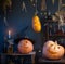 Halloween pumpkins with lights and  burning  candles and magic potions in witch`s house