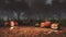 Halloween pumpkins in misty autumn forest at dusk