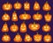 Halloween pumpkins. Orange pumpkin characters. Spooky, happy and sad, angry funny faces for halloween holiday. Cartoon