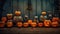 Halloween pumpkins row on the wooden floor. Jack O Lantern parade for Halloween holidays. Generated AI.