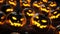 Halloween pumpkins with scary faces on dark background. Illustration of halloween scary pumpkins with glowing eyes and grin angry