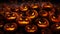 Halloween pumpkins with scary faces on dark background. Illustration of halloween scary pumpkins with glowing eyes and grin angry
