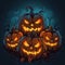 Halloween pumpkins with scary faces on dark background. Illustration of halloween scary pumpkins with glowing eyes and grin angry