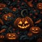 Halloween pumpkins with scary faces on dark background. Illustration of halloween scary pumpkins with glowing eyes and grin angry