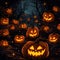 Halloween pumpkins with scary faces at night forest. Illustration of halloween scary pumpkins with glowing eyes and grin angry