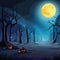 Halloween Pumpkins and Silhouettes trees in dark night forest with blue tint