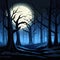 Halloween Pumpkins and Silhouettes trees in dark night forest with blue tint