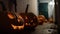 Halloween pumpkins in a spooky empty house, dark mysterious background. AI generated.