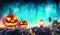 Halloween Pumpkins In Spooky Forest With Lantern