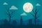 Halloween pumpkins, spooky trees and haunted house with moonlight background