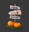 Halloween pumpkins under old wooden pointer. Unusual 3d illustration. Halloween concept