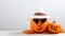 Halloween pumpkins wearing sunglasses, hat and sunglasses on white background
