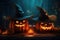 A Halloween pumpkins wearing a witch hats.AI generated