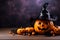 Halloween pumpkins with witch hat on wooden table and dark background Ai generative