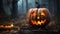 Halloween Pumpkins On Wood In A Spooky Forest At Night