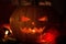 Halloween Pumpkins On Wood In A Spooky Forest At Night, with scary light background