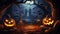 Halloween pumpkins on wooden planks with spooky background