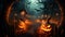 Halloween pumpkins on wooden planks with spooky background