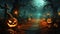 Halloween pumpkins on wooden table on dark background