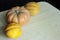 Halloween punpkin and melons background with copy space. Selective focus and bokeh.