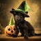 Halloween puppy with pumpkin in witch\\\'s cap