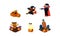 Halloween related objects and creatures set, zombie, scary pumpkin, witch on broomstick, ghost, cemetery, user interface