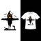 Halloween retro color T-shirt design with a spooky scarecrow. Halloween fashion wear design with a cat and scarecrow silhouette.