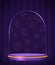 Halloween room striped wall vector background with purple podium and arch with skulls
