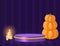 Halloween room striped wall vector background with purple podium, pumpkin and burning candles