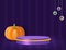Halloween room striped wall vector background with purple podium, pumpkin and hanging eyes