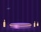 Halloween room striped wall vector background with purple podium, spider web and candles on the floor
