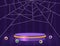 Halloween room striped wall vector background with purple podium, spider web and eyes on the floor