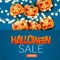 Halloween sale banner or card with scary spooky pumpkin faces and glowing lights garland over blue background.