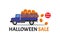 Halloween sale banner with truck carry smile pumpkin