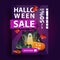 Halloween sale, creative vertical purple banner with autumn leafs, button, portal with ghosts and pumpkin Jack