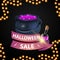 Halloween sale and discount week, discount banner with pink ribbon and witch`s cauldron with potion