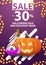 Halloween sale and discount week, up to 30% off, purple vertical web banner with pumpkin Jack and witch`s potion