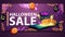 Halloween sale, modern purple banner for web site with ballons, garland and smartphone