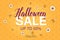 Halloween Sale poster with lettering on orange pattern with Jack lamp in sketch style. Up to 50%. Special offerHalloween Sale