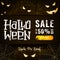 Halloween sale promotion card or party invitation with glowing scary eyes and spider web on dark old scratched background