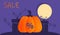 Halloween sale. Pumpkin with bats and gifts on the background of the moon