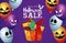 Halloween sale seasonal poster with death hand coming out of gift and balloons helium