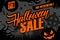 Halloween Sale special offer banner with hand drawn lettering and traditional halloween spooky symbols for holiday shopping.
