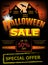 Halloween Sale template poster or banner. Vertical background with ghost, castle and bats. Vector