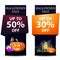 Halloween sale, two discount vertical black banner with pumpkin Jack, witch`s potion, portal with ghosts and pumpkin Jack