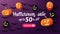 Halloween sale, up to 50% off, discount purple banner with bats, pumpkins and balloons tied with ropes to the ceiling