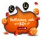 Halloween sale, up to 50% off, discount white banner with a huge pumpkin carved in paper, Halloween ballons and autumn leafs