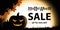 Halloween SALE up to 70 percent off in black on background with orange textured giant moon, pumpkins