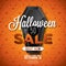 Halloween Sale vector illustration with black coffin and cobweb on orange spider texture background. Holiday design